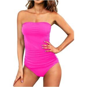 Aqua Eve Womens Bandeau Tankini Top & Bottoms Pink Ruched Sides Size XXL Beach